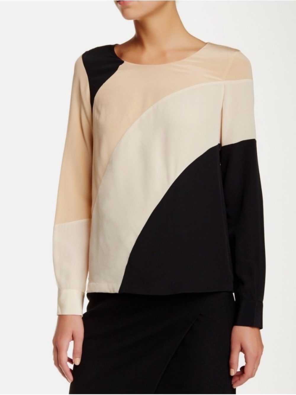 Diane Von Furstenberg Black and Cream Colorblock Long-Sleeve Blouse